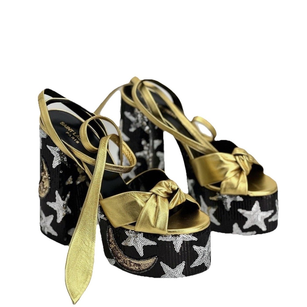 PAIGE Gold Metallic Platform Heels with Black Star Embellished Soles